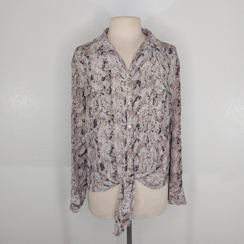 Antonio Melani Womens Large Pilar Silk Animal Print Long Sleeve Blouse Tie-Front